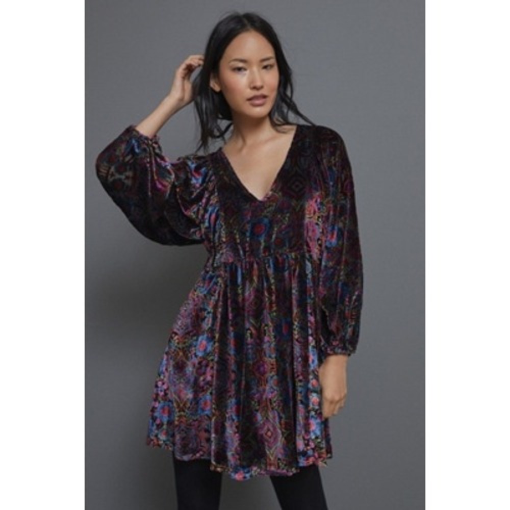 Anthropologie Mona Burn Out Velvet Mini Dress Floral Paisley Balloon Sleeve Sz S